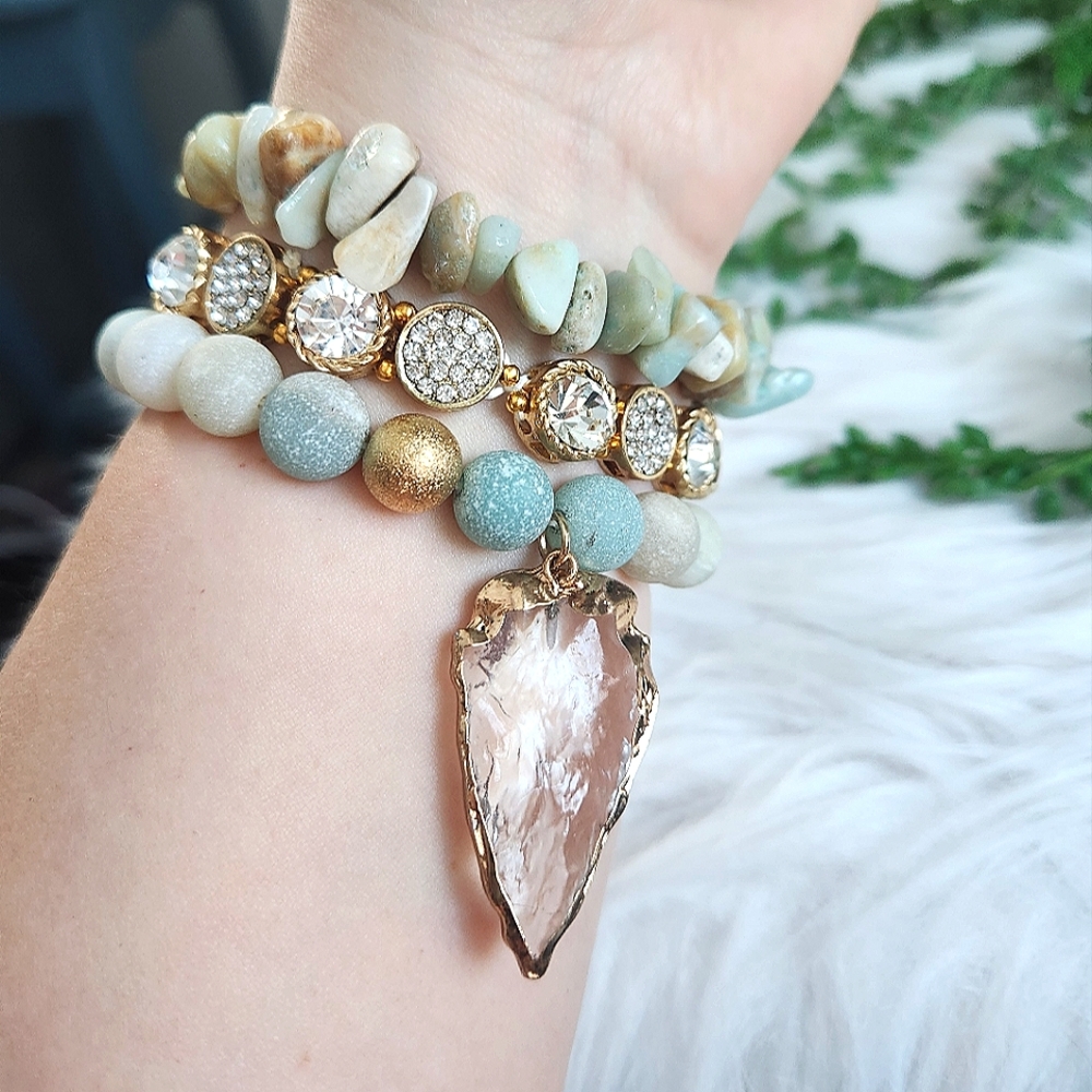 NWT Ryze 'Amber Pye' Natural Stone  Amazonite Arrowhead Staxx Bracelets-Set of 3 - Picture 7 of 9